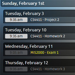 Assignments and exams from multiple calendars are displayed, as well as the current date and time.