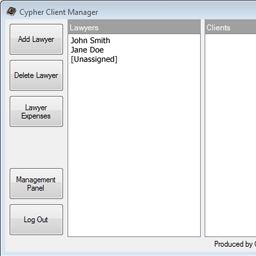 The main UI, featuring relationships between lawyers and their clients, and all available operations.