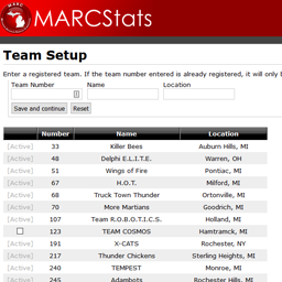 The team setup page, on which attending teams can be added, modified, or removed.