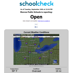 The web page displaying the school status and weather data.